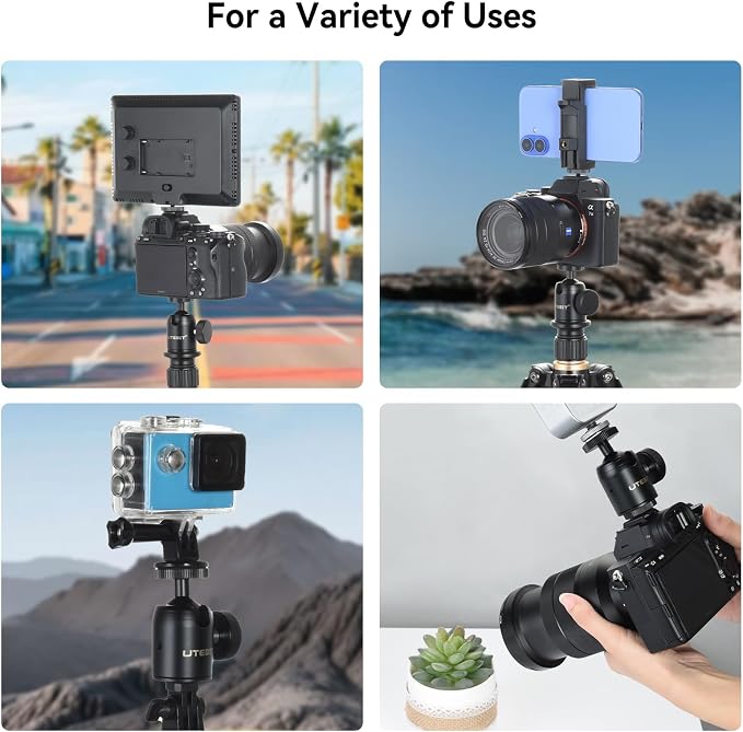UTEBIT Mini Ball Head, with 3/8" to 1/4" Adapter Ballheads Black | 360° Pan 90° Tilt Tripods Mount with 24mm Ball Head Metal Low Profile, Camera Mount Adapter Holder for Phone/DLSR Camera - Image 8