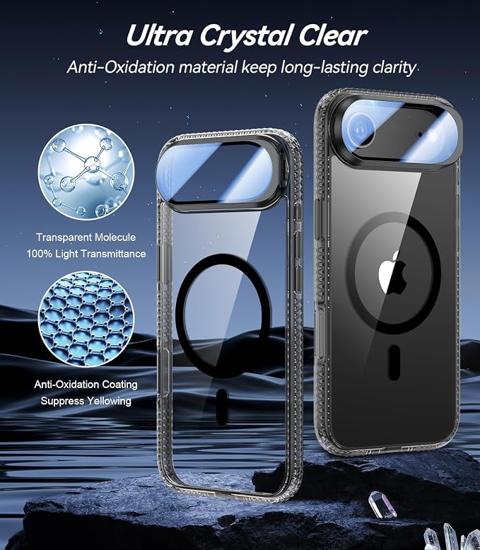 VOFATA [Upgraded Full Camera Protection] for iPhone Air Case with Camera Cover Stand [Fit for MagSafe][10FT Mil-Grade Protection] Transparent Magnetic Phone Cover for iPhone 17 Air Case, Clear Black - Image 2