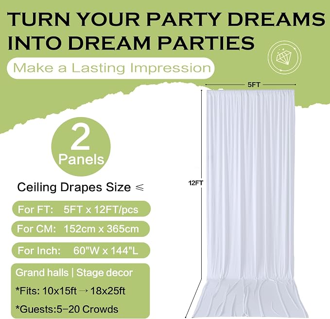 10x12 ft White Backdrop Curtains for Weddings Parties, Birthdays and Photos | 2 Panels 5x12 ft, Wrinkle-Free Polyester Drapes, Washable, Ironable, 4 in Rod Pocket for Baby Showers Photography Background - Image 5
