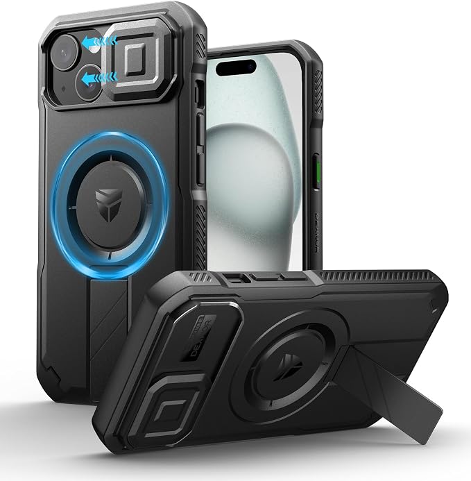 Dexnor for iPhone 15 Case with Slide Camera Cover & Adjustable Kickstand, Compatible with MagSafe, Rugged Shockproof Bumper Cases Heavy-Duty Magnetic Protective Cover,6.1 inch,Black by Dexnor