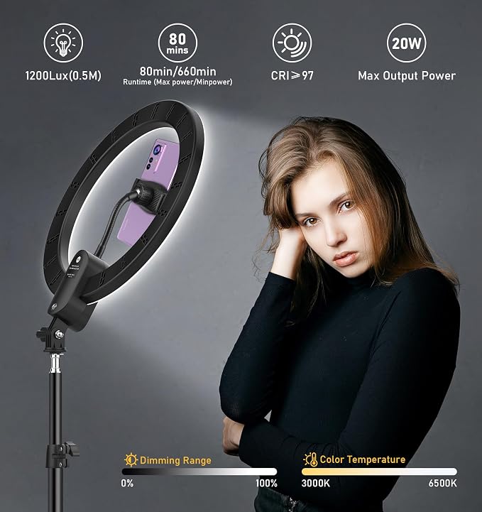 12 inch LED Circle Selfie Ring Light with 63" Tripod Stand 2800mAh - Image 3