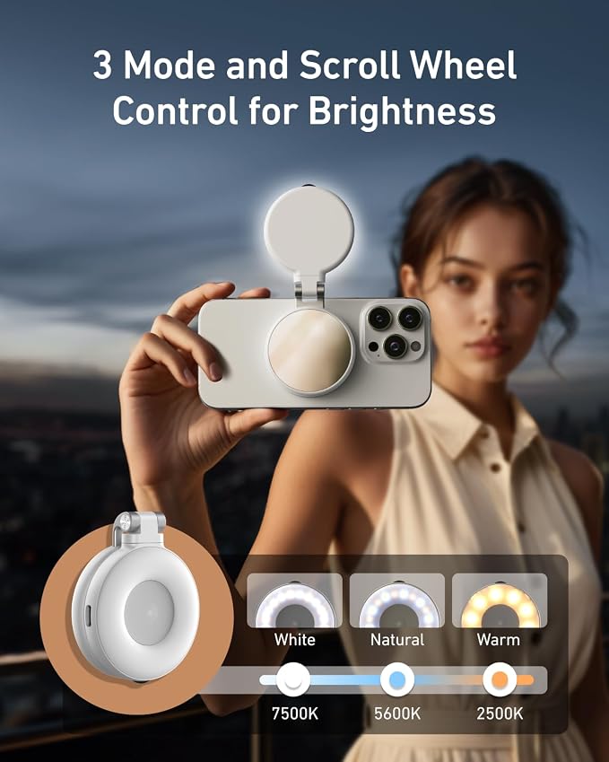 TELESIN C03 Magnetic Selfie Light CRI97 360° Phone Light for iPhone Magsafe | 3 CCT Selfie Ring Light Fill Light with Mirror for Selfies/Photography/TikTok/Zoom Calls/Video Conference (White) - Image 2