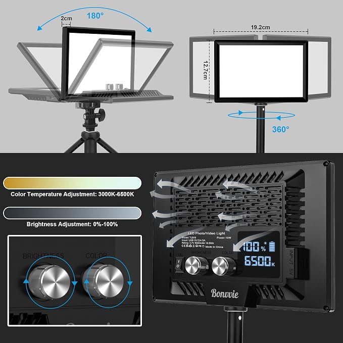 15W LED Video Lighting Kit, 9" Camera Light with 5000mAh Battery | 3000-6500K CRI 97+ Dimmable Bi-Color Soft Photo Light for Studio & Outdoor Photography Vlog Video Conference Live Streaming - Image 2