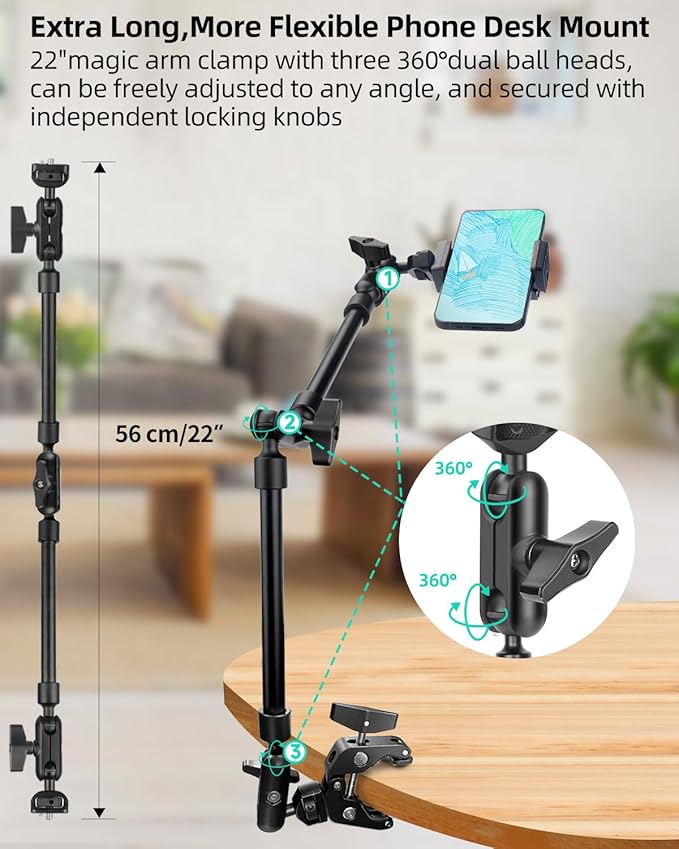 22" Magic Arm w Clamp, Overhead Phone Mount, Desk Camera Mount w Articulating Friction Boom Arm Thread Adapter, for Phone Video Light Webcam Microphone Action Camera Content Creators - Image 3