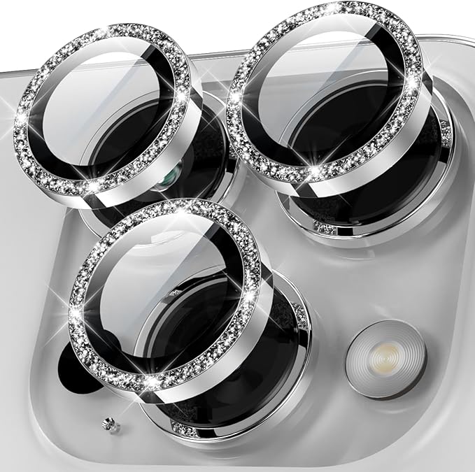 YWXTW Designed for iPhone 15 Pro/iPhone 15 Pro Max Camera Lens Protector Bling, [New Glitter Design] Individual Metal Tempered Glass Camera Cover Accessories Case Friendly (Silver Titanium Glitter) by YWXTW