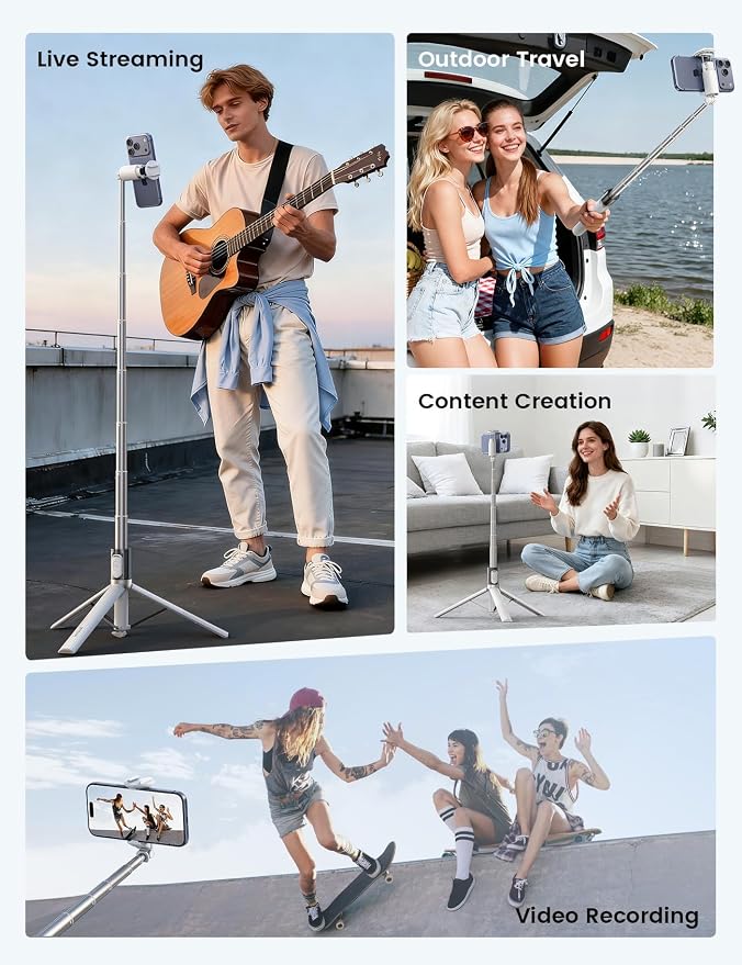Lamicall 65" Tripod for iPhone 0.77lb Selfie Stick with Remote & Cold Shoe | Auto Open Phone Tripod Ultra-Stable Phone Stand for Recording for Travel Live Stream Vlog fit iPhone 17 Pro Max Android-White - Image 6