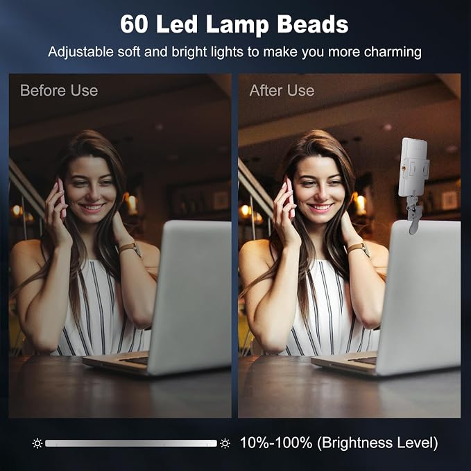 Selfie Light, Phone Light with Front & Back Clip, 60 LED Portable Light with 3 Modes, 5000mAh Rechargeable Video Light for Phone, iPhone, IPad, Laptop, TikTok, Makeup, Lighting Monolights(White) - Image 6