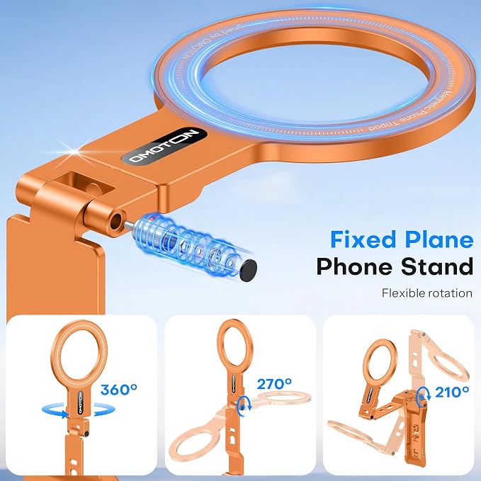 OMOTON TP03 [Ultra-Slim] 360° Rotating for MagSafe Tripod with Hook, Orange | Magnetic Phone Tripod for iPhone 17/16 Pro Max Air, Fold Cell Phone Stand with 1/4" Screw, Fits Vlog, Travel, Gym, Women Men - Image 8