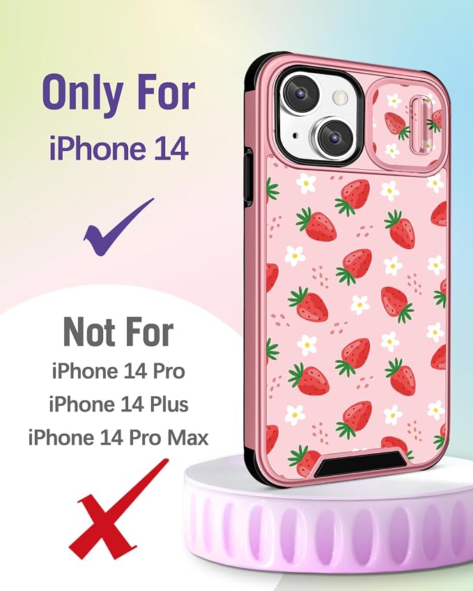 Buleens for iPhone 14 Case 6.1 Inch - with Ring Stand & Camera Cover Aesthetic Cute Designed for Women Girls Girly Pretty Strawberry for Phone Case for iPhone 14 Compatible with Magsafe - Image 2