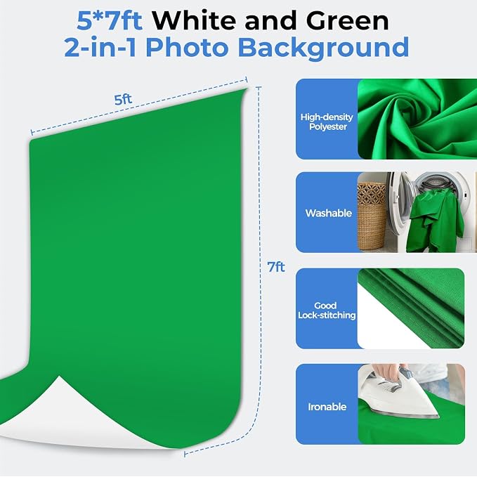 EMART 5x7ft White Green Screen Backdrop Kit with T-Shape Stand and 6 Clamps | Reverse folding base for easy storage & transport，perfect for Photography, Photoshoot, Studio Video Recording, Streaming - Image 5