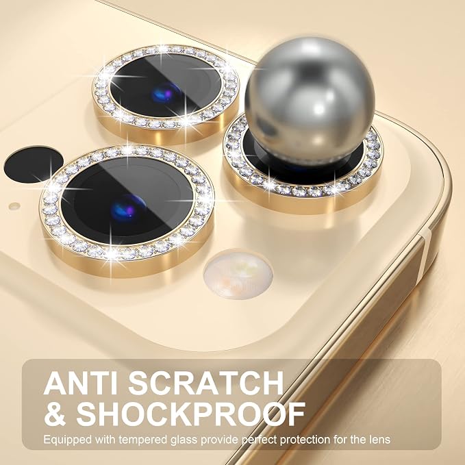 Choiche for iPhone 14 Pro/iPhone 14 Pro Max Camera Lens Protector | Ultra HD, Bling 9H Tempered Glass Camera Cover Screen Protector Metal Ring Decoration Accessories (Diamond-Gold) - Image 3