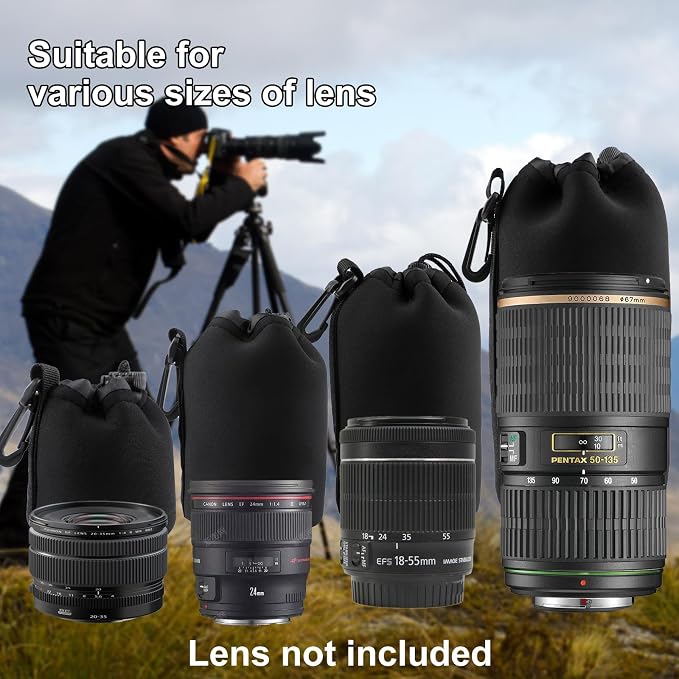 4pcs Camera Lens Bag,4 Sizes Protective Camera Lens Pouch Set with Drawstring Design,Soft Plush Neoprene Bag,Compatible with Canon, Nikon, Sony, Pentax, Olympus (Small, Medium, Large, X Large) - Image 5