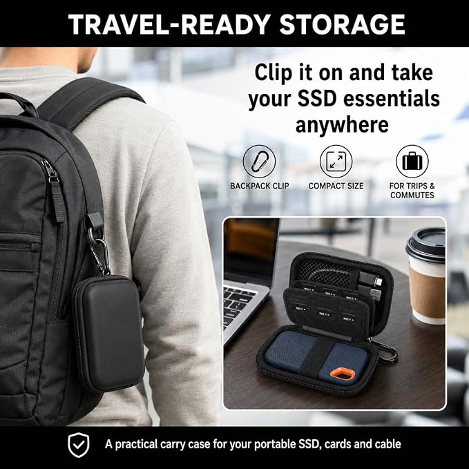 PAIYULE Hard Case for SanDisk Extreme Portable SSD & PRO,SD Card Pocket | Fits 250GB, 500GB, 1TB, 2TB and 4TB SSDs, with SD Card Pocket,Elastic Strap,Mesh Pocket and Carabiner, Case Only Black - Image 7