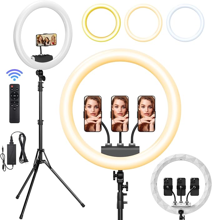 Ring Light with Stand, 19in LED Selfie Circle Light, Max 8ft/2.5m Tripod Stand, 3 Holders for iPhone, Remote Control, 6300K Color Temperature for Live Streaming, Barber, Makeup, YouTube, Tiktok by SHStudio