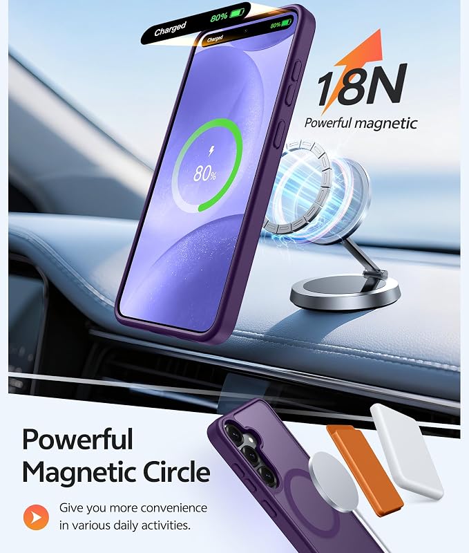 FNTCASE for Samsung Galaxy S25/S24 Case, Fit for Magsafe, Screen Protector | Translucent Matte Magnetic Back, 14FT Military Grade Drop Protection, Shockproof Protective Phone Cover, Purple - Image 3
