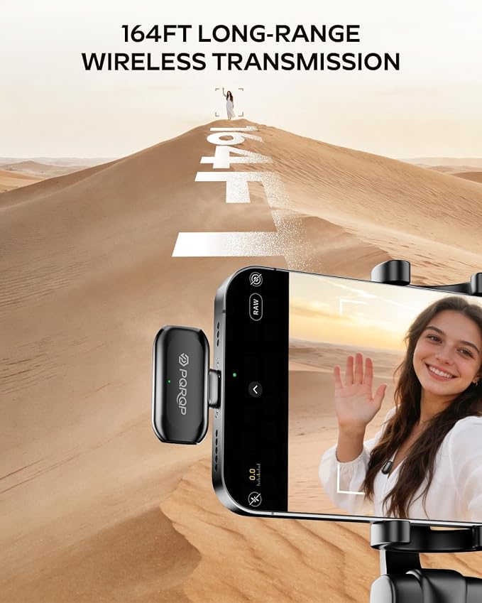PQRQP Wireless Lavalier Microphone for iPhone/iPad/Android, 164ft Transmission, Mini Microphone with AI Noise Cancellation & Hi-Fi Sound, 24H Charging Case, Mic Ideal for Video Recording - Image 4