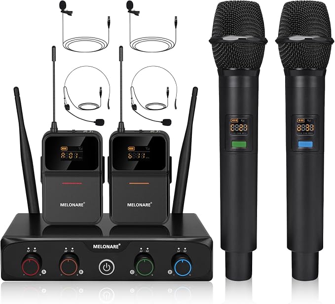 MELONARE 4-Channel UHF Compact Wireless Microphone System MWM-41-2H2B | 2 Handheld Mics, 2 Bodypacks, Headset/Lapel Mics, 4 x 10 Frequencies, 200 ft Range, Karaoke, Church by MELONARE