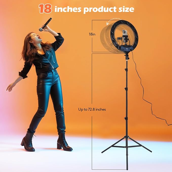 GWO 18 inch LED Ring Light with Tripod Stand 6000K Dimmable Makeup Selfie Light with Touch Panel Phone Holders for YouTube Vlog Video Shooting Include Carrying Bag and Remote Control CRI>90 - Image 2