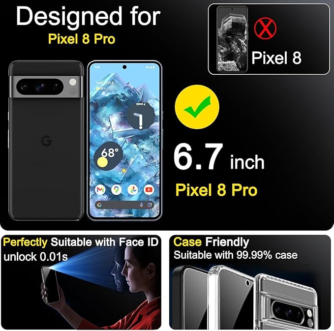 Ferilinso Privacy Screen Protector for Google Pixel 8 Pro, Tempered Glass | 3 Pack, 9H+ Hardness, Military-Grade Shatterproof, Case Friendly, Easy Installation Bubble Free, with Camera Lens Protectors - Image 2