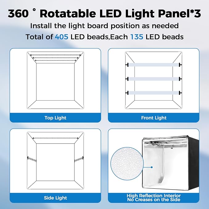 Photo Light Box, Portable 12/16/20/24/32 Photo Studio Light Box, Shooting Tent Kit with 405 Light Beads and 6 Color Backdrops. Lightbox with 3 Stepless Dimming Light Boards for Product Photography - Image 5