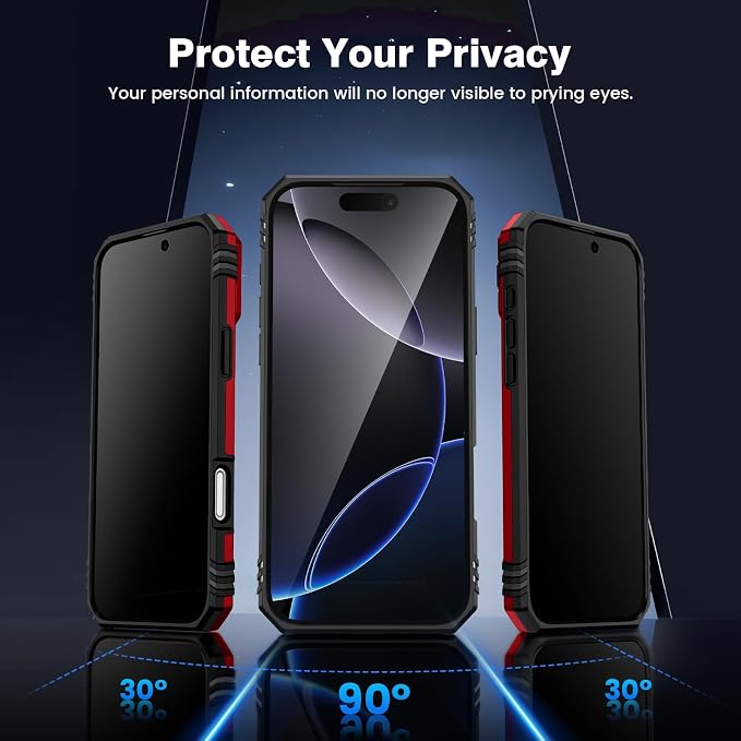 VEGO for iPhone 16 Pro Case with Camera Cover & Privacy Screen Protector | Tempered Glass Screen Protector & Ring Kickstand Military Grade Heavy Duty Protection Cover for iPhone 16 Pro - Red - Image 3