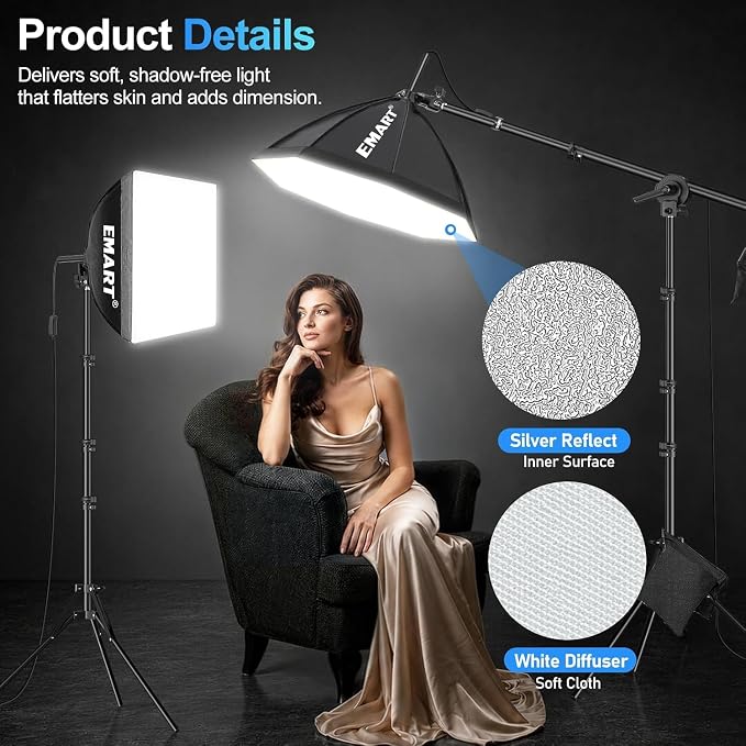 EMART Softbox Photography Lighting Kit, 50W LED 2PCS Soft Box with Boom Arm | Professional Equipment 16"x16" & 20"x20" Softbox, 50W 3000-6000K LED Bulbs, APP/Remote, Stand with Boom Arm for Studio, Vedio - Image 5
