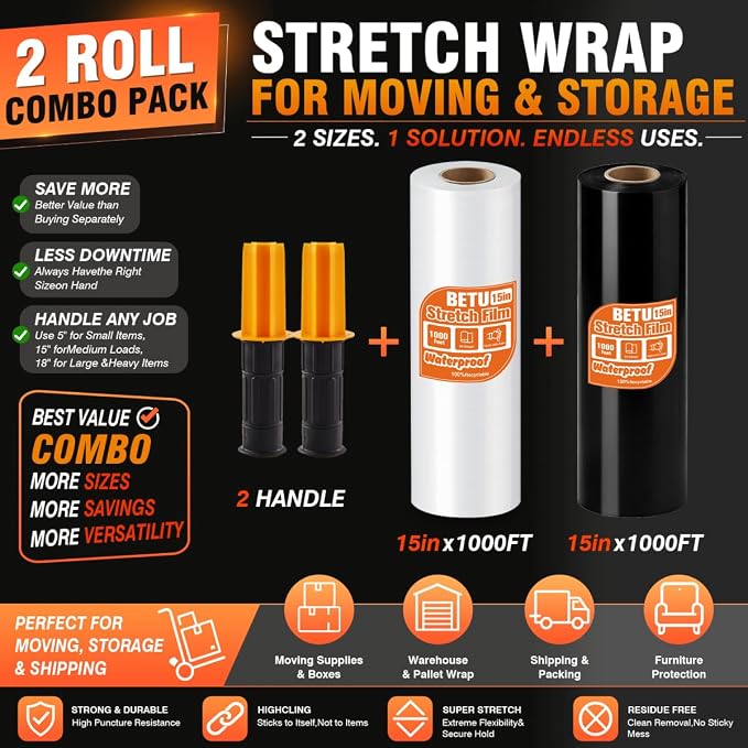 Stretch Film Shrink Wrap Privacy Combo Kit (15" Clear + Black) x 1000 Ft for Moving Supplies, Heavy Duty Plastic Wrap Stretch Roll for Moving Boxes Easy Identification and Privacy Protection - Image 3