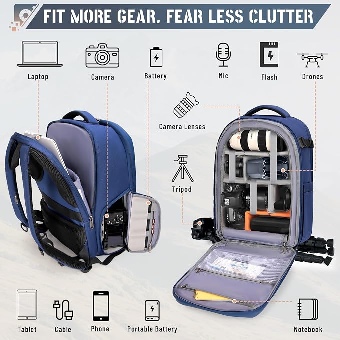 RAINSMORE Camera Backpack Hard Shell for DSLR/SLR Waterproof Camera Bag with Laptop Compartment 15.6 Inch Professional Camera Case with Rain Cover Photography Backpack Bag with Camera Lens Case Blue - Image 2
