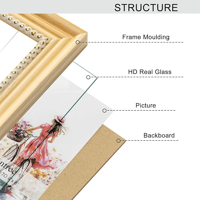 4x6 Picture Frame in Nature with Gold Beaded Border, Pine Wood with Real Glass, Vertical and Horizontal Desk Tabletop or Wall Hanging - Image 7