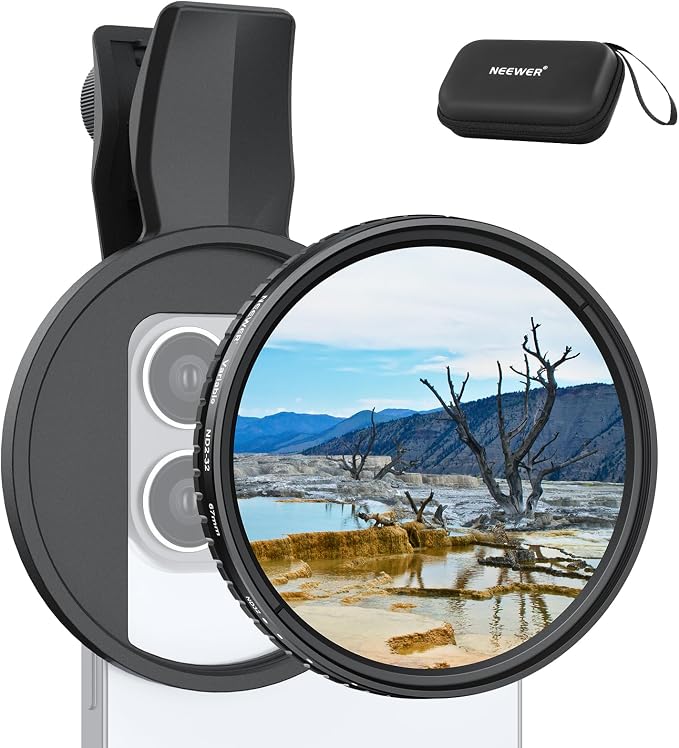 NEEWER 67mm Variable ND Filter Compatible with iPhone, Clip On ND2-32 Neutral Density Phone Lens Photography Accessories Kit Compatible with iPhone 17 16 15 Pro Max Plus 16e 14 13 mini, FL-B25 by Neewer