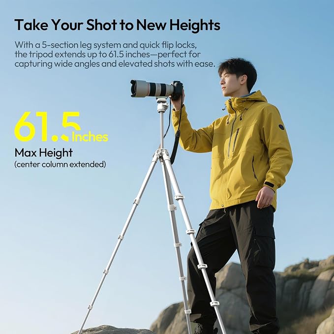 ULANZI Ombra Ⅱ Camera Travel Tripod White, 61.5" Aluminum Tripod Foldable with UKA Quick Release Plate for Phone Sony Canon, Video Shooting Vlogging Portable Stand w Phone Clamp Holder Carry Bag - Image 2