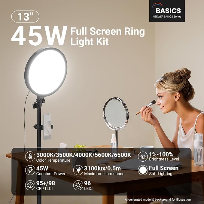 NEEWER Basics 13" 45W Large Ring Light with 66" Stand, 3000K-6500K CRI95+ Full Screen LED Panel Lighting with Phone Holder/Remote for Video Recording Selfie Streaming Makeup Studio Photography, BR45B - Image 3
