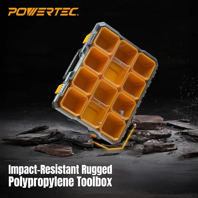 POWERTEC Small Parts Organizer & Tool Box – 10 Compartments, IP65 Water & Dust Protection, Stackable Storage with Interlocking Latch, Removable Tray, Clear Lid, Portable Design, 2-Pack (72365-P2) - Image 7