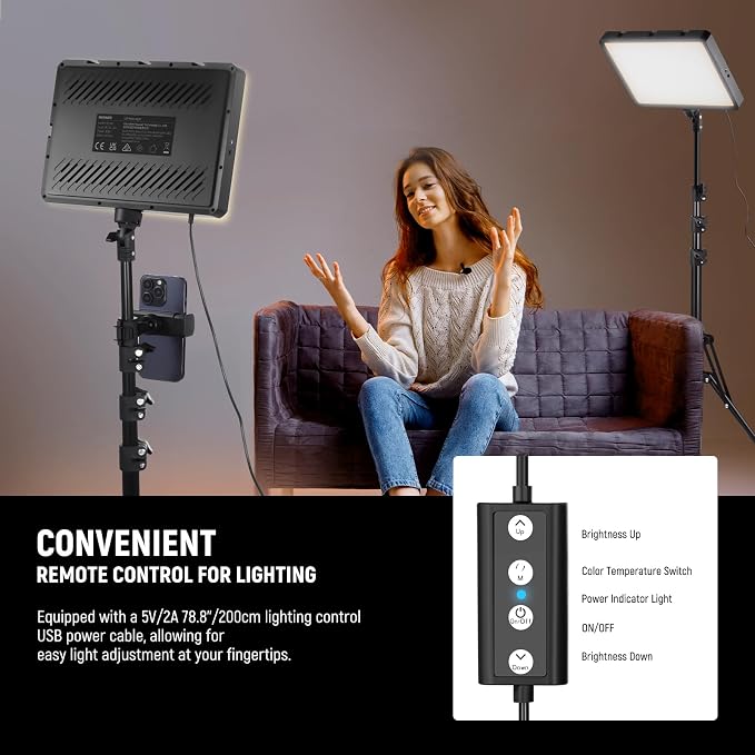 NEEWER Basics 2Pcs LED Video Light Panel with 59'' Tripod Stands/Phone Holders, 2700-6500K 850Lux Dimmable Plastic Studio Lighting for Photography Filming Recording Live Streaming, No Adapter, BP300 - Image 8