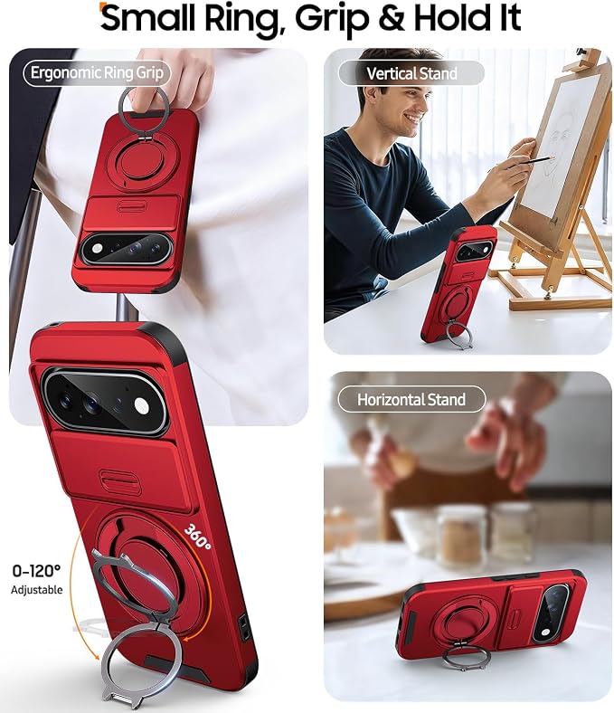 JAME for Google Pixel 10/10 Pro/11/11 Pro Case, Stand & Slide Camera Cover | Ring Holder Kickstand, Screen Protectors, Dual-Layer Shockproof Protective, Magnetic Accessory Friendly Phone Case, Red - Image 3
