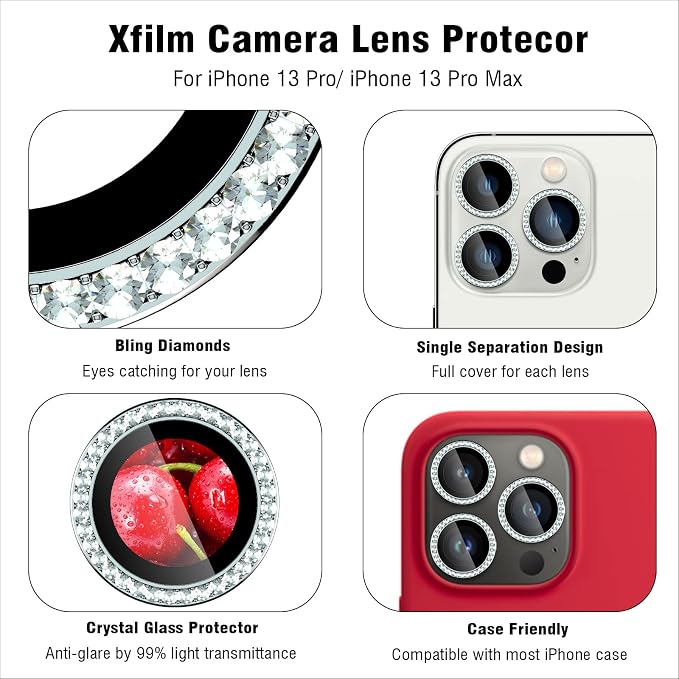 iPhone 13 Pro/13 Pro Max Camera Lens Protector Bling Diamond, Silver | Individual Metal, 9H Hardness, Scratch Resistant, Shockproof, Drop Protection, Case Friendly, Stylish Accessories - Image 3