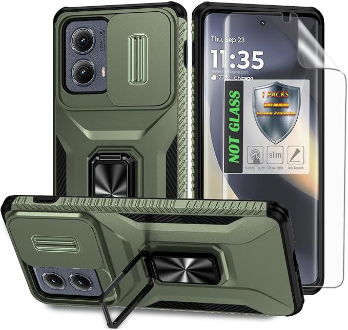 for Moto Edge 2024 Case,with Sliding Camera Lens Cover,HD Screen Protector,360° Rotating Ring Kickstand, Military-Grade Shockproof Protective Cover for Motorola Moto Edge 2024,Army Green by AYMECL