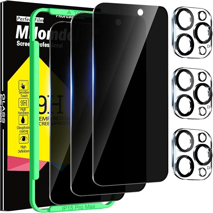 Milomdoi Privacy Screen Protector for iPhone 15 Pro Max, Tempered Glass | 3+3 Pack, 9H+ Hardness, Camera Lens Protector, Military Grade Shatterproof, Easy Installation, No Bubbles, Case Friendly by Milomdoi