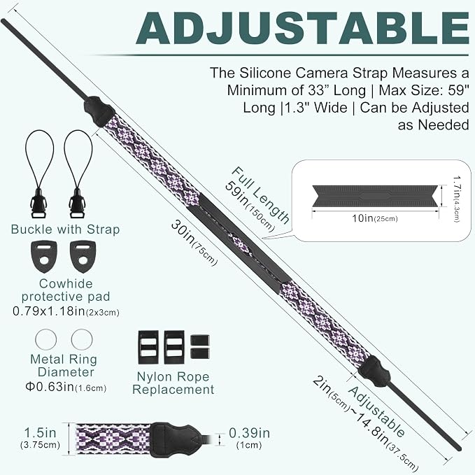 FIEIL Neck Strap Silicone Camera Straps - Padded Camera Strap, 1.5" Wide Adjustable Neck Strap - Compatible with Canon, Nikon, Sony, and More DSLR and Mirrorless Cameras (Purple and Black) - Image 5