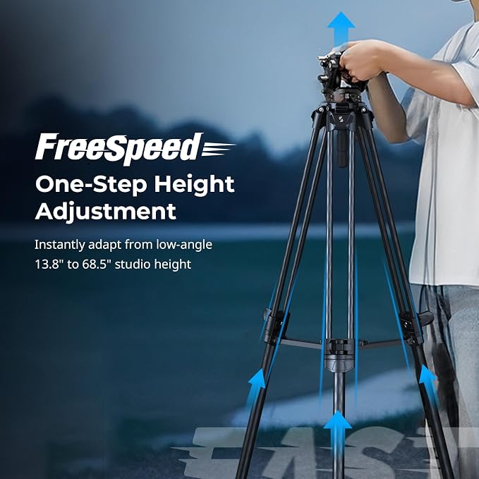 SmallRig AD-50 Max Heavy Duty Video Tripod, 68.5" Carbon Fiber Lightweight Tripod with FreeSpeed One-Step Height Adjustment, Fluid Head, Dual-Mode QR Plate, Load up to 17.6lb - Image 2