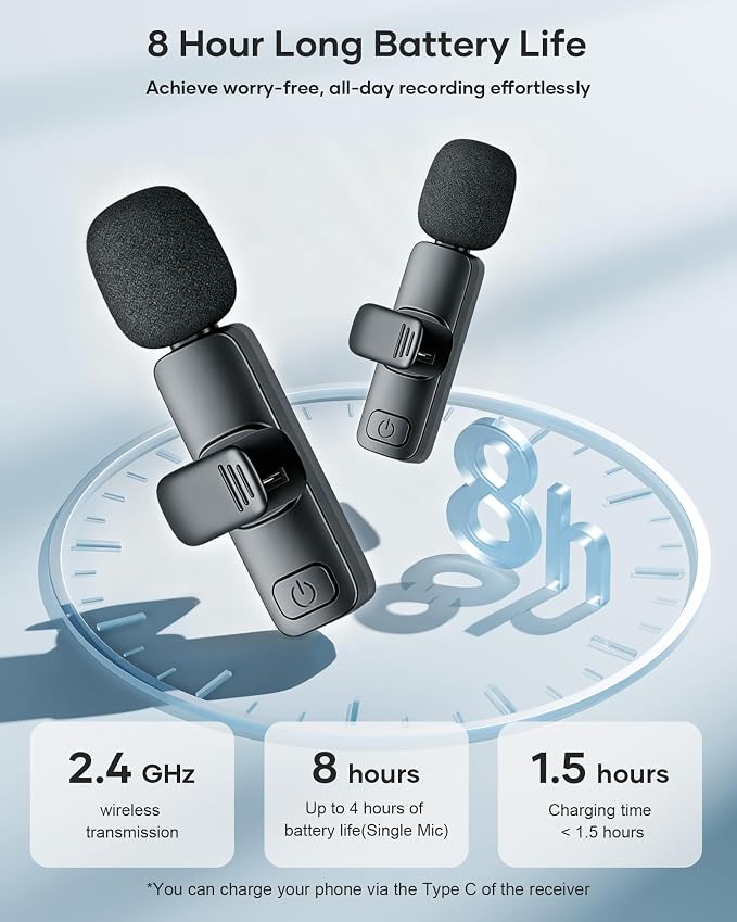 Wireless Lavalier Microphone for iPhone iPad and Android Phone, 2 Pack Lapel Mic Plug and Play Wireless Mic Noise Reduction Microphone for Video Recording Interview Podcast (Black) - Image 6