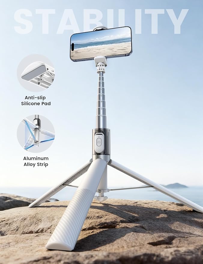 Lamicall 65" Tripod for iPhone 0.77lb Selfie Stick with Remote & Cold Shoe | Auto Open Phone Tripod Ultra-Stable Phone Stand for Recording for Travel Live Stream Vlog fit iPhone 17 Pro Max Android-White - Image 4