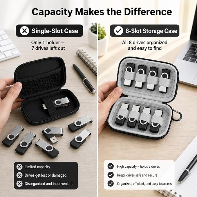 ALKOO Flash Drive Case USB Storage Case, Thumb Drive Holder, Holds 8, Black | Hard Shell, 8 Elastic Slots for USB Drives and SD/Memory Cards, Portable Travel and Office Organizer, Case Only, Black - Image 2