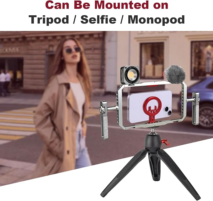 Magnetic Phone Cage with Handle,Smartphone Cage Kit with 360° Rotation Handgrip and Magnetic Sticker for Photography,Compatible with iPhone 17/16/15/14/13 Series and Andriod Phones (Silver+Red) - Image 8