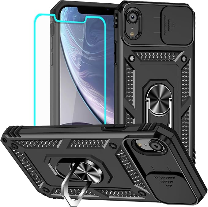HNHYGETE for iPhone XR Phone Case with HD Screen Protector: [Military Grade 20ft. Drop Tested] Slide Camera Cover Ring Shockproof Protective Phone Case for - iPhone XR (Black) by HNHYGETE
