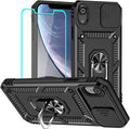 HNHYGETE for iPhone XR Phone Case with HD Screen Protector: [Military Grade 20ft. Drop Tested] Slide Camera Cover Ring Shockproof Protective Phone Case for - iPhone XR (Black) by HNHYGETE