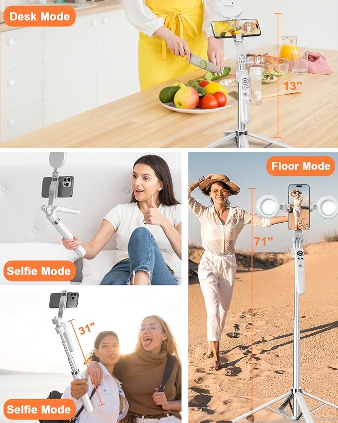 Yeaki 71” Auto Face Tracking Tripod for iPhone with Light,360° Rotating Phone Stand with Rechargeable Remote Control for TikTok Vlog, Phone Tripod for Android Camera/GoPro/Ring Light (White) - Image 6