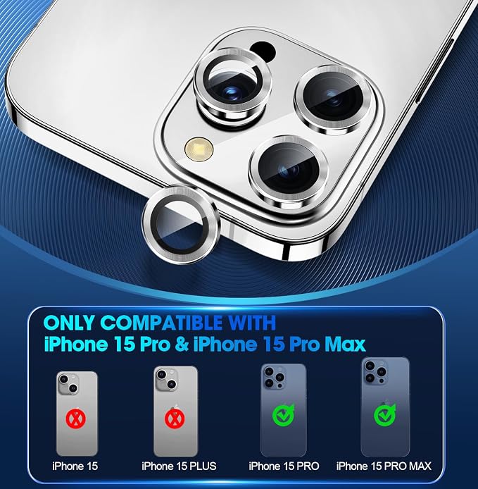 for iPhone 15 Pro/15 Pro Max Camera Lens Protector Cover, Silver | Individual Metal, 9H Hardness, Scratch Resistant, Shockproof, Drop Protection, Case Friendly, Stylish Accessories - Image 2