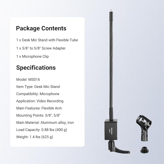 NEEWER Desk Microphone Stand with Flexible Arm, Mic Holder Table Clamp Mount with Clip & 3/8" to 5/8" Adapter Compatible with Blue Yeti Snowball HyperX QuadCast SoloCast Shure, MS016 - Image 7