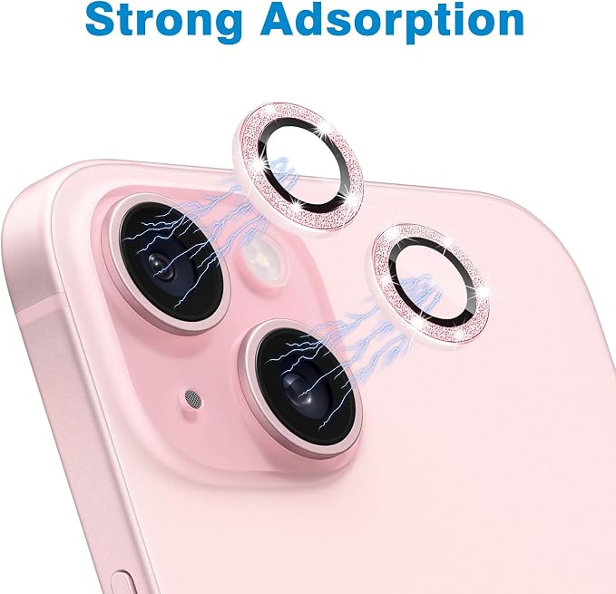 Compatible with iPhone 15 & 15 Plus Camera Lens Protector, Bling Glitter 9H Tempered Glass Camera Cover Anti Scratch Shockproof Screen Protector Individual Metal Lens Ring - 2PCS Glitter Pink - Image 4